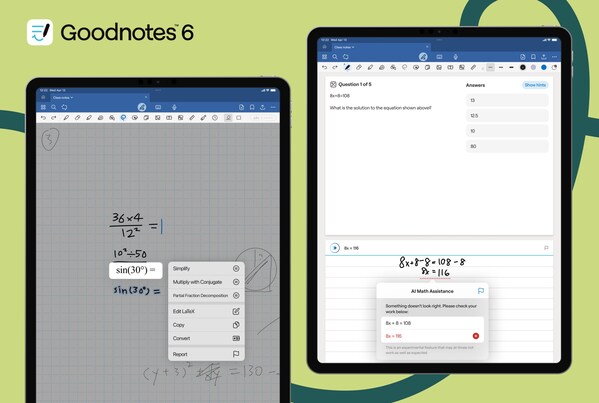 Math Assist instantly recognizes handwritten equations within Goodnotes notebooks, offering quick calculations or suggesting next steps.