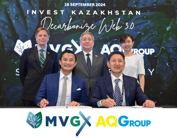 Strategic partnership signing ceremony between AQGroup and MVGX Group.  Left to Right: Michael Sheren, CEO, Asia Green Fund Management; Dr Bo Bai, Chairman & Co-Founder, MVGX Group; His Excellency Kuttykadam Askar, Kazakh Ambassador to Singapore; Islambek Salzhanov, Chairman & Co-Founder, AQ Group; Tin Pei Ling, Co-President, MetaComp.