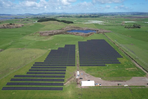 Aerial view of Kiwi Solar and Trilect's Solar Farm in Waikato New Zealand, featuring Trinasolar's Vertex N 720W Modules