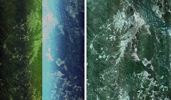 Unusable satellite imagery with identified image quality issues (Left), Result of precision-calibrated image reconstruction by TetraPLEX (Right)