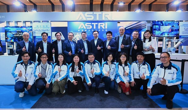 ASTRI showcases a range of research outcomes that promote smart city development at its futuristic booth. Picture shows ASTRI's Chairman Ir Sunny Lee (fifth from right, back row) along with members of Board of Directors, senior management and R&D team