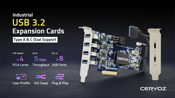 Cervoz’s Industrial USB 3.2 Expansion Cards: Designed for high-performance industrial applications, the MEC-USB-PL series offers up to 8 USB ports with dual Type-A and Type-C support, 5 Gbps throughput, and features like hot swap and plug-and-play functionality in a low-profile form factor.