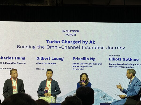 From left to right: Charles Hung, CEO of Blue Insurance; Gilbert Leung, CEO of Novo AI; Priscilla Ng, Group Chief Customer and Marketing Officer at Prudential; and Moderator Elliott Gotkine. (PRNewsfoto/Novo AI)