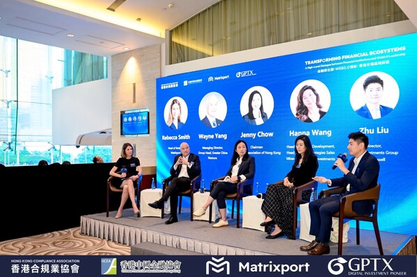 Panel Discussion: “Crypto ETFs in Asia and the U.S.: New Opportunities and Challenges”  From left to right: Rebecca Smith, Head of Strategy of Matrixport (Moderator); Jenny Chow, Chairman of RegTech Association of Hong Kong; Wayne Yang, Managing Director and Group Head for Greater China of Nomura; Hanna Wang, Head of Product Development and Active Strategies Sales of Mirae Asset; and Zhu Liu, Director of the Index Investments Group of FTSE Russell.