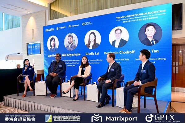 Panel Discussion: “Blockchain Technology: Pushing the Boundaries of Financial Markets”  From left to right: Cynthia Wu, COO of Matrixport (Moderator); Niki Ariyasinghe, Head of Business Development for Asia-Pacific and the Middle East of Chainlink Labs; Giselle Lai, Associate Investment Director of Fidelity International; Benjamin Chodroff, Group Head of HSBC Labs of HSBC; and Seth Yan, Senior Director of Business Strategy of Matrixdock