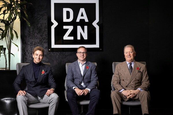 From left to right: George Warren (Queensberry Promotions CEO), Pete Oliver (DAZN Group CEO of DAZN boxing business), and Frank Warren (Queensberry Promotions Founder and Chairman)