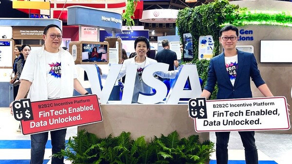 On-us Co-founders & founder – Patrick Lee, Honnus Cheung and Dennis Shi (from left to right) at SFF 2024 Visa Pavilion