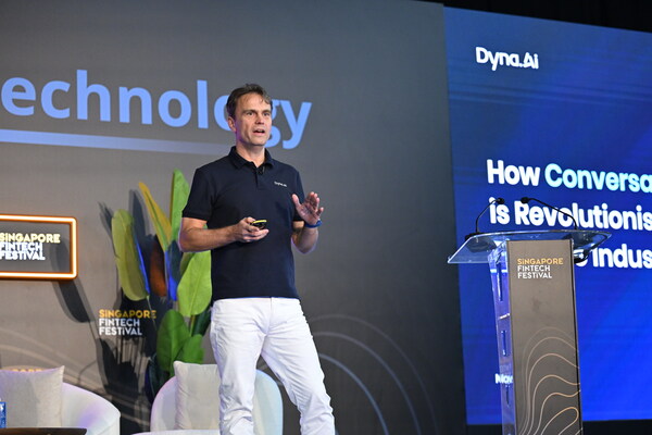 Tomas Skoumal, Chairman and Co-President of Dyna.Ai, delivering his keynote speech at the Singapore Fintech Festival