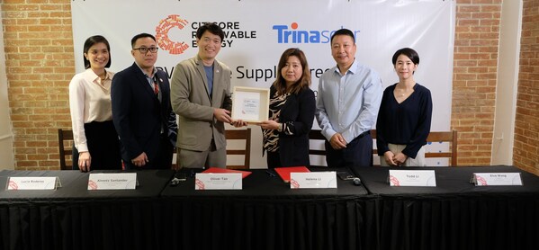 Signing the contract was CREC President and CEO Oliver Tan (3rd from left) and Trinasolar Executive President Helena Li (4th from left). Witnessing the signing is President of Citicore Construction, Inc. Alreetz Santander (2nd from left) together with Citicore Group CFO Lucia Roderos (leftmost); Trinasolar President of Asia Pacific Todd Li (5th from left) together with Trinasolar Group Director for South, Southeast, and Central Asia, Elva Wang (rightmost). (PRNewsfoto/Trina Solar Energy Development Pte. Ltd.)