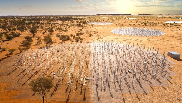 在西澳大利亞州Inyarrimanha Ilgari Bundara，即CSIRO Murchison射電天文臺建設(shè)中的SKA-Low望遠(yuǎn)鏡的復(fù)合藝術(shù)效果圖（圖片來源：SKAO）