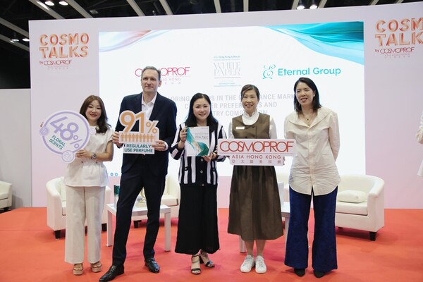 (From left ) Ms. Katy Wong, Brand Director, Eternal Group;  Mr. Stéphane Prévidi,  Vice President – APAC, Interparfums Inc.; Ms. Wendy Lau, the Executive Director of Eternal Group & Chairman of International Fragrance Association;  Ms. Angel Fu, the Event Director of Cosmoprof Asia;  Ms. Karen Woo, Managing Editor, ELLE Hong Kong)