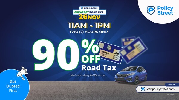 Enjoy a 90% discount on road tax renewal during PolicyStreet's exclusive two-hour flash sale on 26 November, from 11:00 am to 1:00 pm.