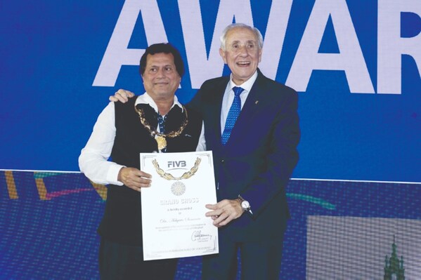 KIIT and KISS Founder Dr Achyuta Samanta being conferred the ‘Grand Cross Award’ by FIVB President Dr Ary Graca at the 39th FIVB World Congress in Porto, Portugal