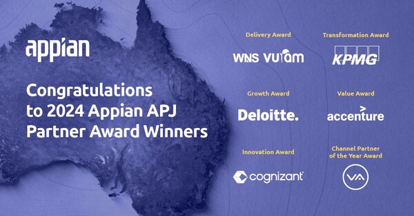 Appian Announces 2024 APJ Partner Award Winners. The award recognises WNS-Vuram, Deloitte, Cognizant, KPMG, Accenture, and Via Appia for delivering process excellence.