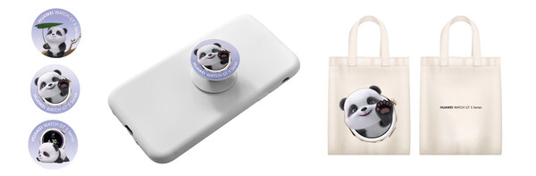 Phần quà giới hạn từ Huawei, bao gồm bộ sticker, vòng đỡ điện thoại, và túi vải tiện lợi với thiết kế gấu trúc dễ thương, ấn tượng.