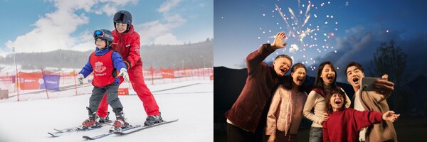 長白山度假村-滑雪教練指導小賓客練習雙板滑雪；賓客相聚在Club Med度假村，闔家共慶新年