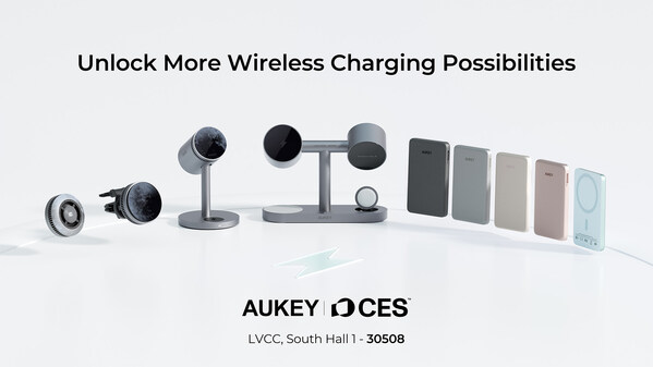 AUKEY’s MagFusion product line including the MagFusion GameFrost, MagFusion Dash Pro, MagFusion 3-in-1 Pro, MagFusion Titan 6-in-1 Magnetic Wireless Charger and MagFusion UltraSlim 5000 Qi2 Magnetic Wireless Power Bank (left to right).