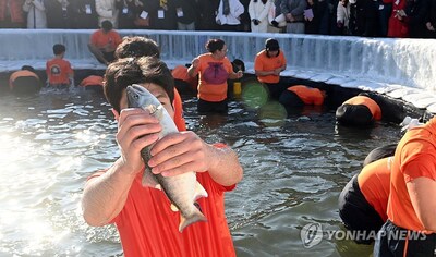 2025年1月11日，开幕游客们在江原道华川举行的华川2025华川山鳟鱼庆典上体验徒手捉鱼活动。