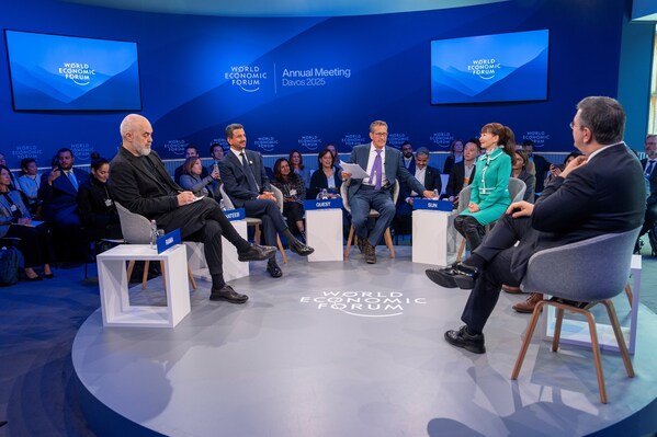 Ms Jane Sun (fourth from the left) with the moderator, Mr Richard Quest (third from the left) and other panellists. Source: World Economic Forum (PRNewsfoto/Trip.com Group)