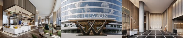 從左至右（效果圖）：&More by Sheraton 咖啡吧、杭州富陽喜來登酒店外觀、大堂