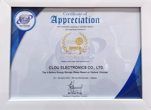 CLOU was honored as TOP 5 Battery & Energy Storage Innovation Company by Visitors’ Choice, awarded by GEM Indonesia