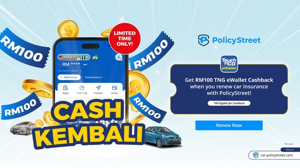 Memperbaharui insurans kereta anda dengan PolicyStreet dan dapatkan RM100 dalam bentuk kredit Touch n' Go eWallet!
