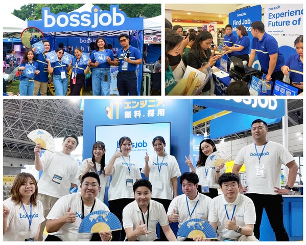 Top row: Bossjob teams in Philippines at community events activations promoting job matching for local jobseekers. Bottom: Bossjob Japan at a recent employment tech exhibition connecting with Japanese employers on global recruitment through chat