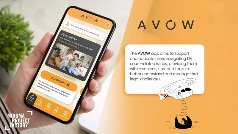 Miroma Project Factory’s Avow app, redesigned to support individuals in understanding ADVO conditions and engaging with behaviour change tools for domestic violence prevention.