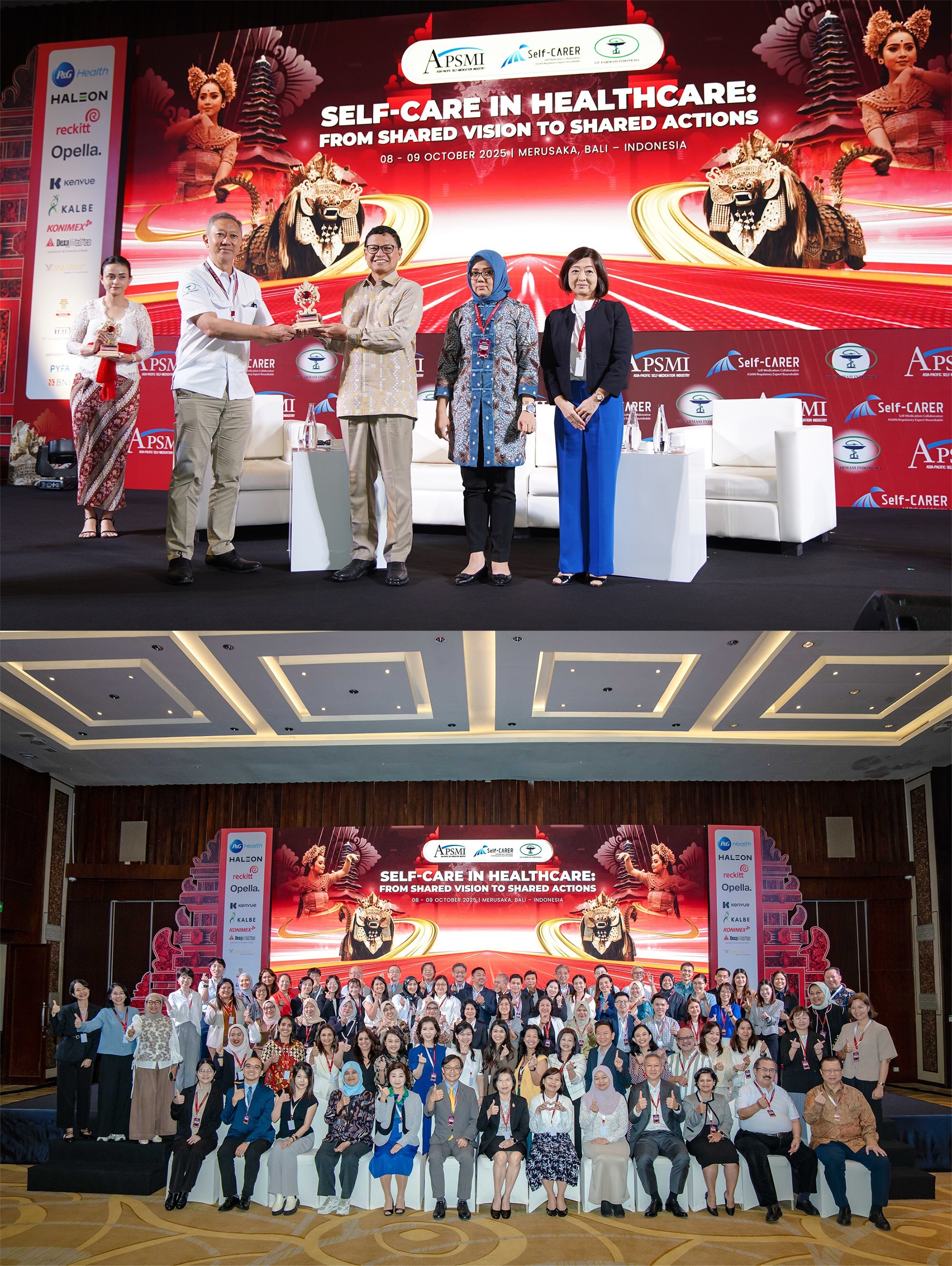 Top: Rachmadi Joesoef, Chairman of Asia Pacific Self Medication Industry (APSMI), presenting a token of appreciation for Prof. dr. Taruna Ikrar, M. Biomed, PhD, Head of Indonesian FDA, witnessed by Dr Junko Sato, Co-Chair of Self-CARER (PMDA Japan).  Bottom: Regulators and Industry Representatives from 11 Countries/Regions come together for Self Care in Asia Pacific.