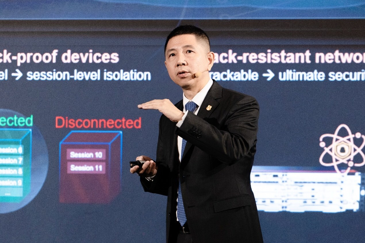 Leon Wang, President of Huawei's Data Communication Product Line, delivering a speech