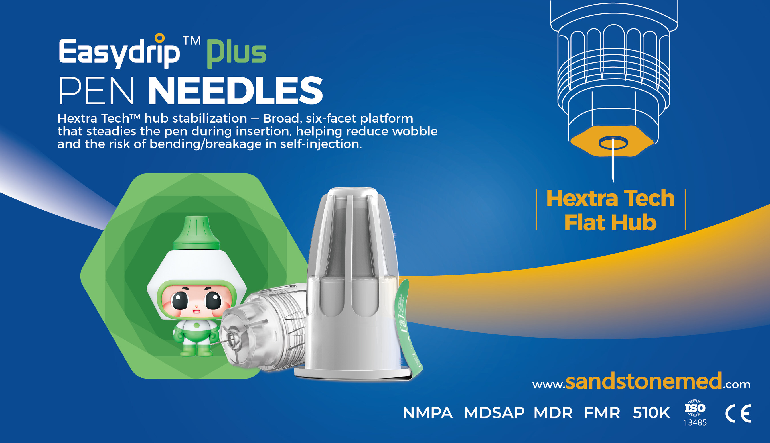 Sandstone Easydrip™ Plus pen needle features the patented Hextra Tech™ broad hub for improved stability and comfort.