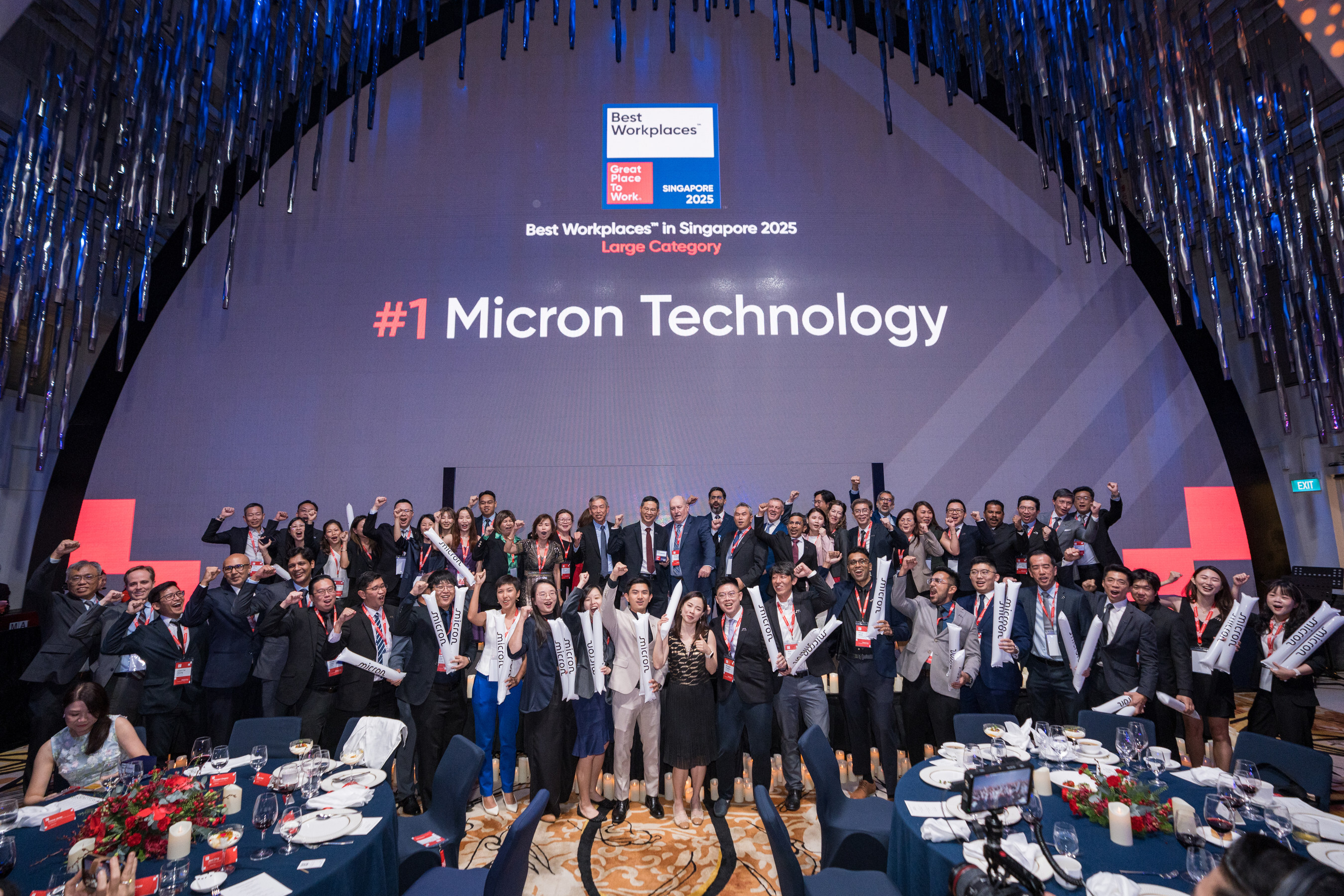 Micron Technology’s team on stage at the Best Workplaces in Singapore 2025 receiving the #1 Best Workplace award in the Large Category