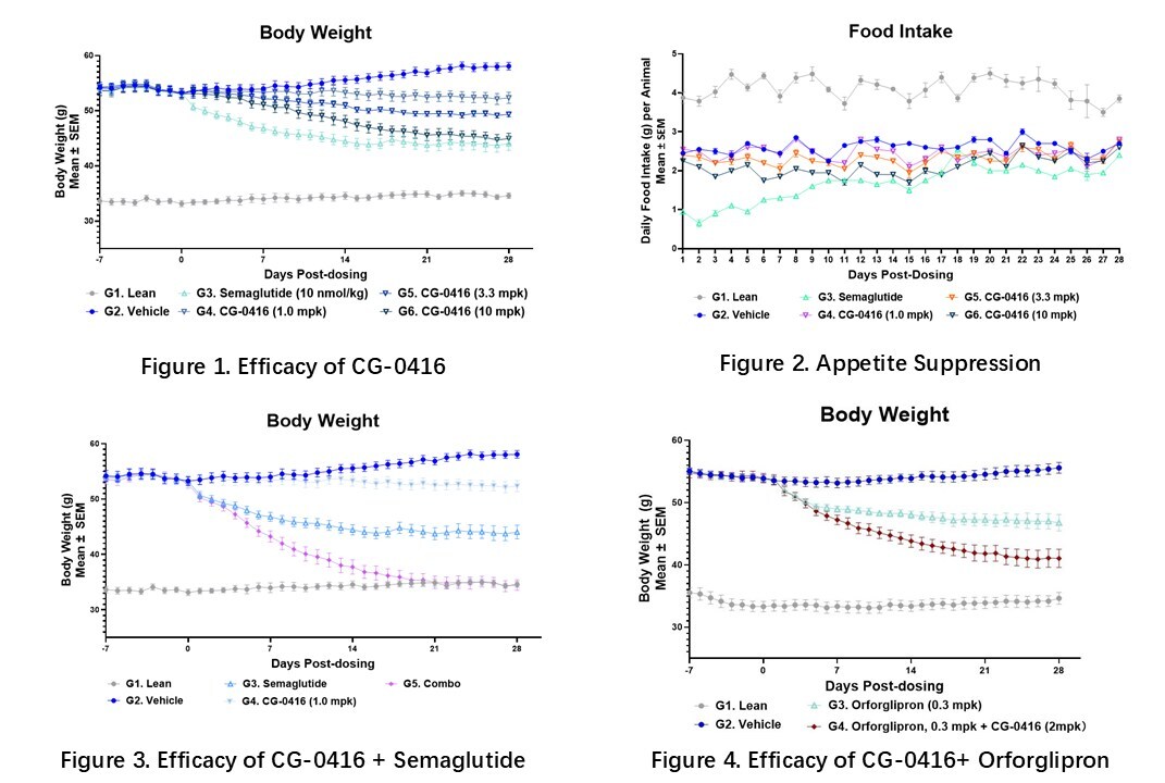 Figure 1. Efficacy of CG-0416; Figure 2. Appetite Suppression; Figure 3. Efficacy of CG-0416 + Semaglutide; Figure 4. Efficacy of CG-0416+ Orforglipron