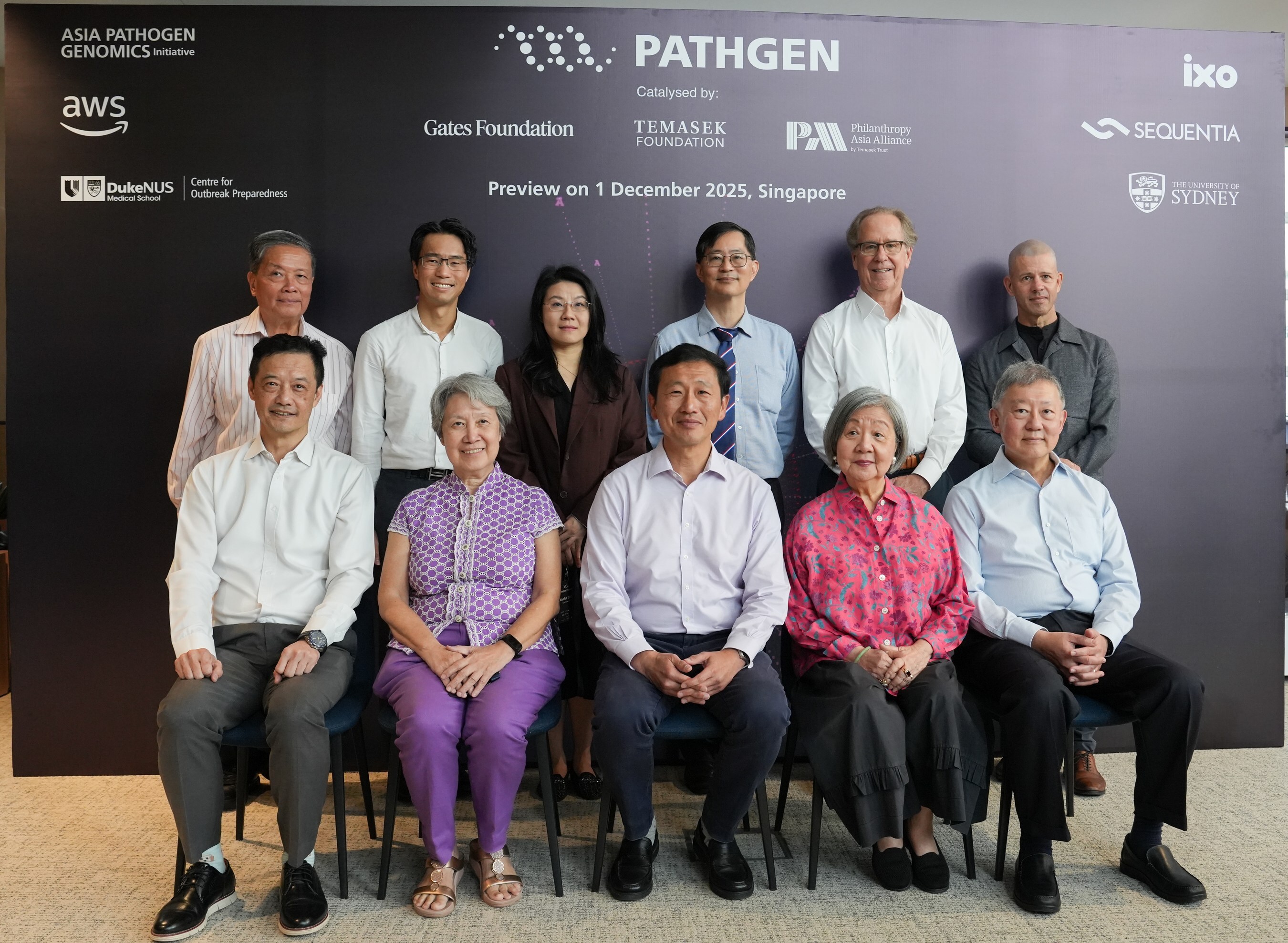 Asia Pathogen Genomics Initiative and partners at the PathGen preview. From left to right. Seated: Mr Ng Boon Heong, Executive Director & Chief Executive Officer, Temasek Foundation; Ms Ho Ching, Chairman, Temasek Trust; Mr Ong Ye Kung, Minister for Health and Coordinating Minister for Social Policies; Ms Jennie Chua, Chairman, Temasek Foundation; Mr Goh Yew Lin, Chair, Governing Board, Duke-NUS Medical School.