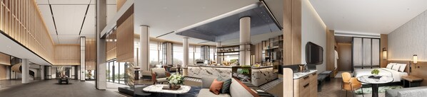 从左到右：苏州阳澄湖喜来登酒店大堂、&More by Sheraton咖啡吧及客房