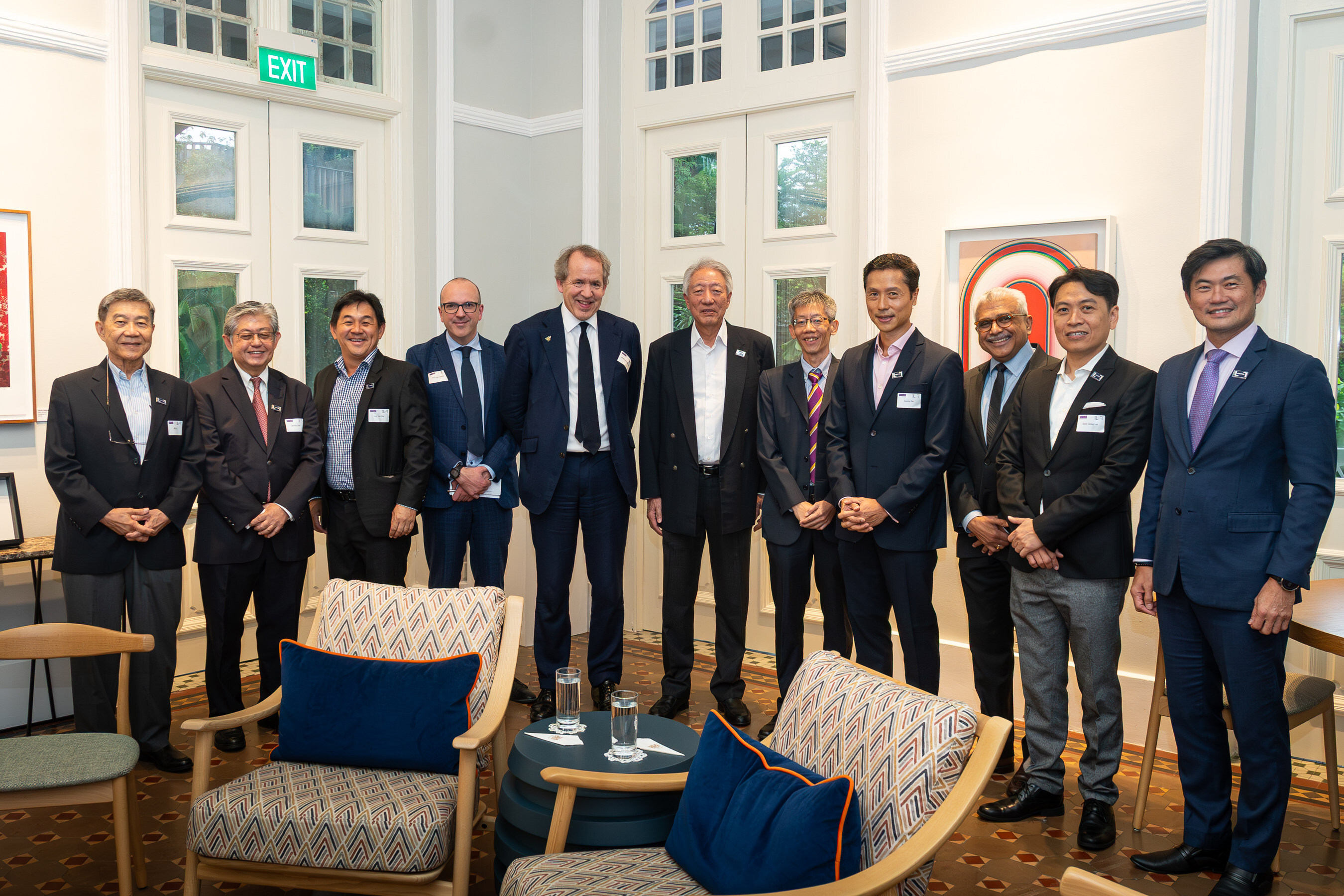 From left to right: Bill Liu, Jeremy Chan, Ong Lay Ann, Professor John Holden, Professor Duncan Ivison, Teo Chee Hean, Tang Hian Seng, Stanley Sia, Dr Prem Nair, Lee Swee Siong, and Desmond Tan