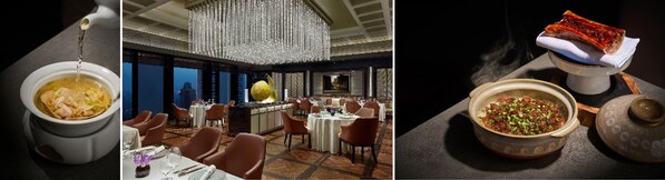 南京丽思卡尔顿酒店帝粤轩中餐厅的连州腊鸡汤冲浪双贝、餐厅大厅、黑椒和牛煲仔饭