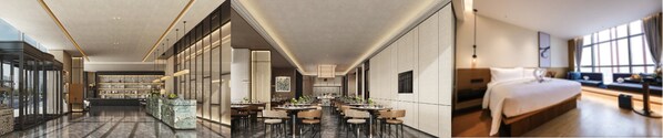 从左至右：上海青浦万豪万枫酒店大堂（效果图）、餐厅（效果图）、客房