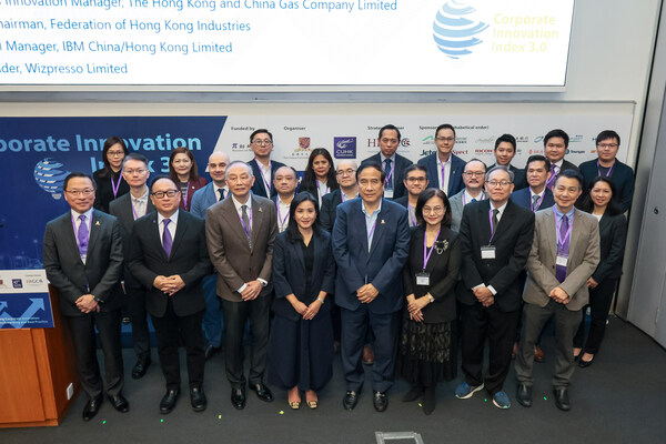 Prof. Waiman Cheung (front row, third from left), Ms. Emily Mo (front row, fourth from left), Dean Lin Zhou (front row, fifth from left), CII organising committee members and representatives from the sponsoring organisations posed for a group photo in the opening of Corporate Innovation Index 3.0. Prof. Waiman Cheung (front row, third from left), Ms. Emily Mo (front row, fourth from left), Dean Lin Zhou (front row, fifth from left), CII organising committee members and representatives from the sponsoring organisations posed for a group photo in the opening of Corporate Innovation Index 3.0.