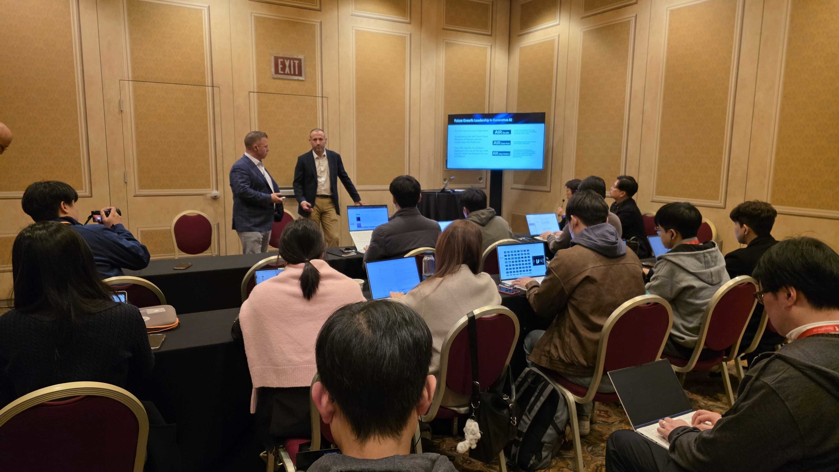 Jon Providence, U.S. CRO, and Scott Weber, U.S. CTO, speak about MegazoneCloud’s U.S. market strategy and business plans during a media briefing in Las Vegas, Nevada.