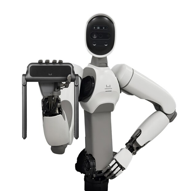 Photo credit: WIRobotics. The humanoid robot ALLEX holds the WIM S walking-assist wearable device.
