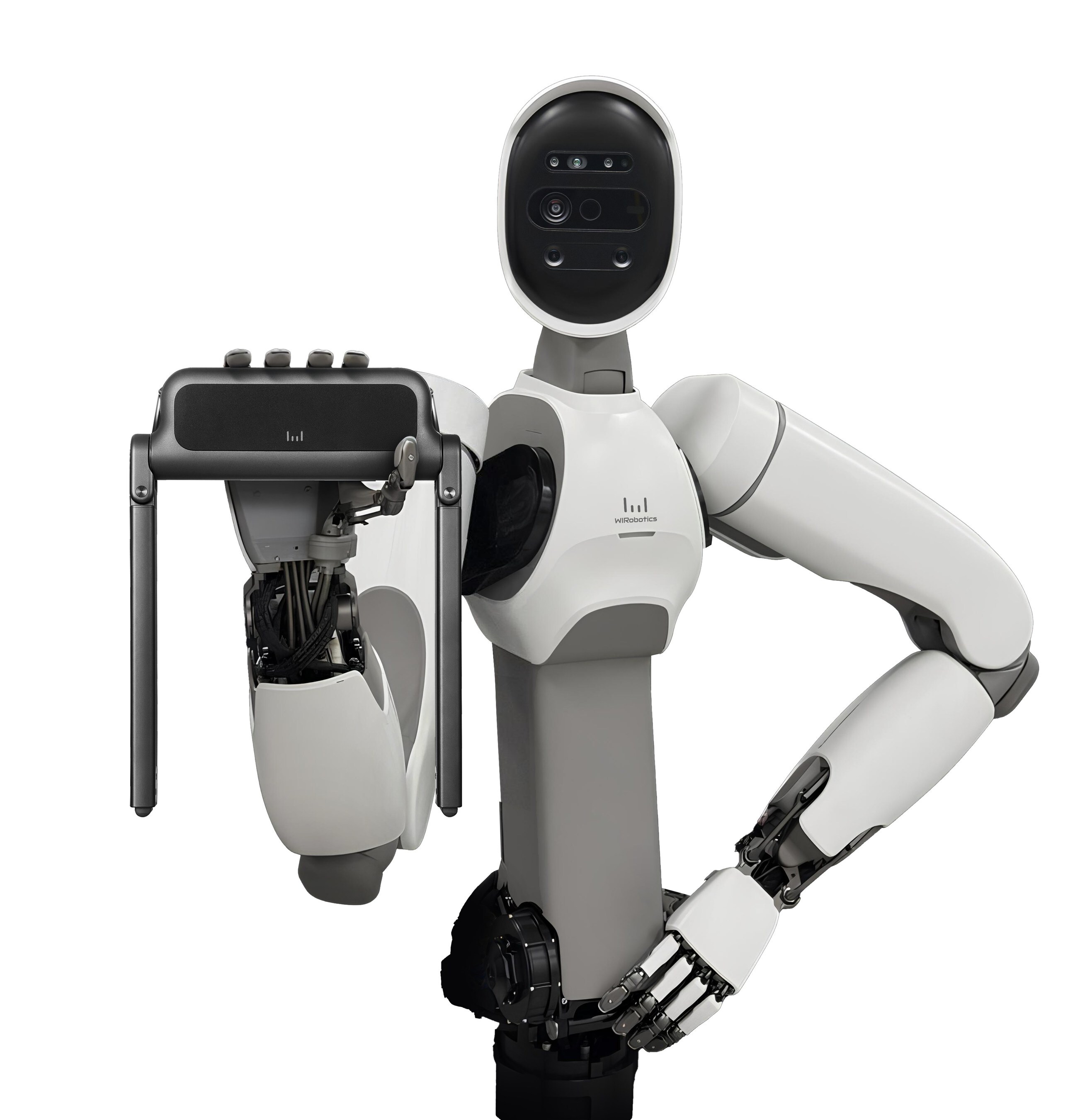 Photo credit: WIRobotics. The humanoid robot ALLEX holds the WIM S walking-assist wearable device.