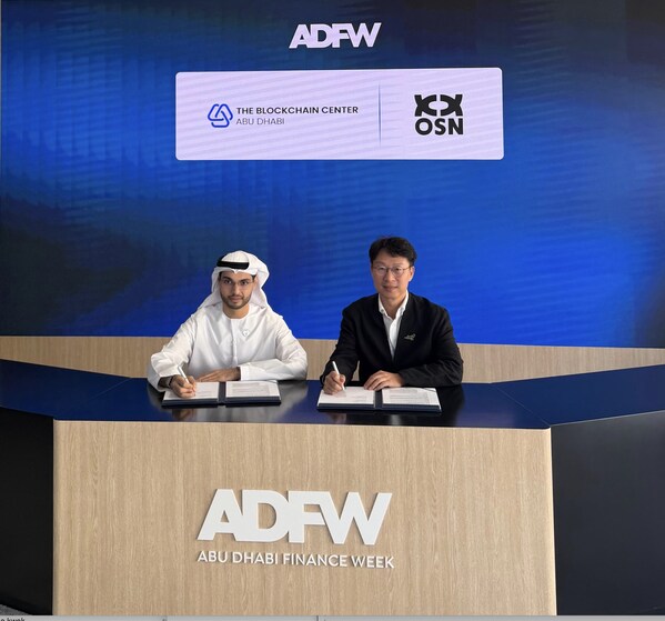 (left to right) Abdulla AI Dhaheri, CEO of the Blockchain Center Abu Dhabi (ADBC), and Lawrence Chu, Co-Founder of OSN, signed a strategic partnership to jointly establish OSN Abu Dhabi at Abu Dhabi Finance Week (ADFW). (PRNewsfoto/OSN)