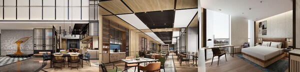 從左到右：廣州白鵝潭福朋喜來登酒店大堂吧、玩啤食社（The Mesh）、客房