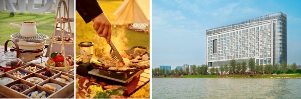 從左至右：蘇州蘇州灣艾美酒店湖畔圍爐煮茶、帳篷烤肉、湖景外觀