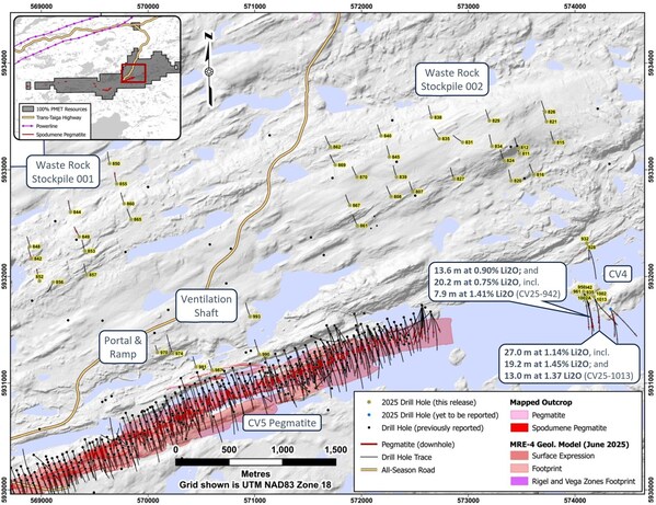 Figure 2: Drill holes completed through 2025 at the CV4 Pegmatite and north of the CV5 Pegmatite (condemnation holes). (CNW Group/PMET Resources Inc.) Figure 2: Drill holes completed through 2025 at the CV4 Pegmatite and north of the CV5 Pegmatite (condemnation holes). (CNW Group/PMET Resources Inc.)