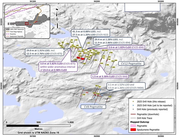 Figure 4: Drill holes completed through 2025 at the CV12 Pegmatite and CV8 Pegmatite. (CNW Group/PMET Resources Inc.) Figure 4: Drill holes completed through 2025 at the CV12 Pegmatite and CV8 Pegmatite. (CNW Group/PMET Resources Inc.)