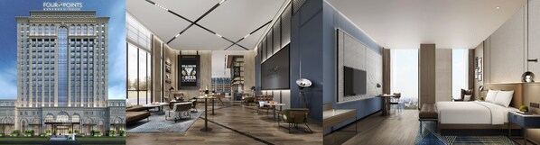 從左到右（效果圖）：泉州惠安福朋喜來登酒店外觀、玩啤食社（The Mesh）、客房