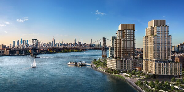 One Williamsburg Wharf rises along Brooklyn's East River, offering sweeping views of the Manhattan skyline.