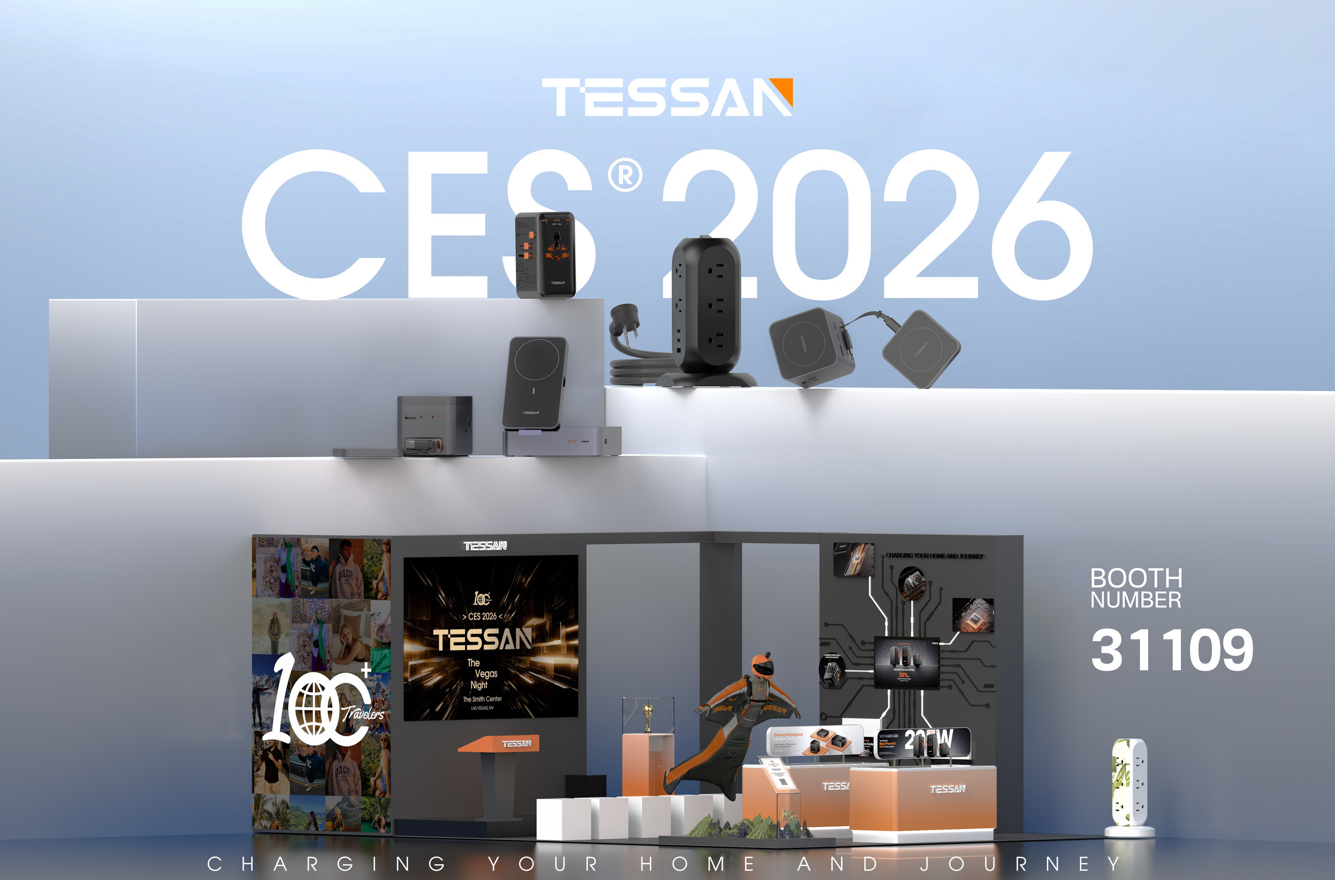 TESSAN unveils its "100 Travelers" initiative and flagship Voyager 205 at CES 2026, Venetian Expo Booth #31109. The showcase features the theme "Courage Charge."